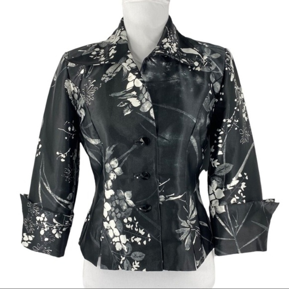 JS Collections Womens Black White Floral Satin Blazer Jacket 3/4 Sleeve Size 6